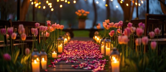 Poster - Romantic Valentine's Day setting for couples with candles, tulips, and a surprise proposal spot.