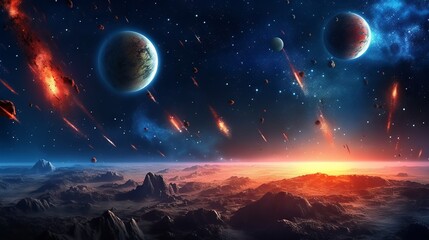 Wall Mural - meteor shower in the night sky over the silhouettes of mountains against the backdrop of sunset.