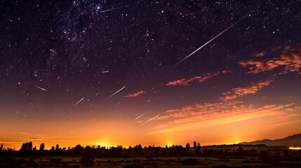 Wall Mural - meteor shower in the night sky over the silhouettes of mountains against the backdrop of sunset.