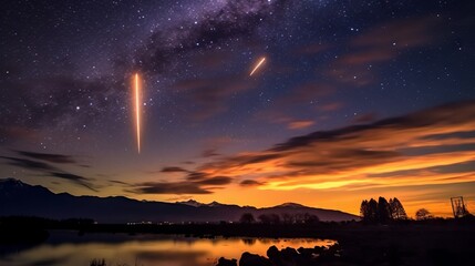 Wall Mural - meteor shower in the night sky over the silhouettes of mountains against the backdrop of sunset.