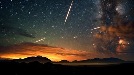 Wall Mural - meteor shower in the night sky over the silhouettes of mountains against the backdrop of sunset.
