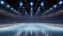 Illuminated Hockey Rink Ready For Game - Empty Seats, Bright Lights, Professional Sports Arena