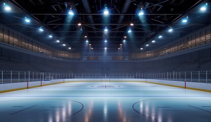 Wall Mural - Illuminated hockey rink ready for game - empty seats, bright lights, professional sports arena
