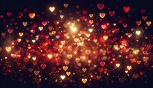 Blurred Gold Glitter Red Hearts Background. Ideal For Love Themed Event Graphics And Promotions. Valentine's Day