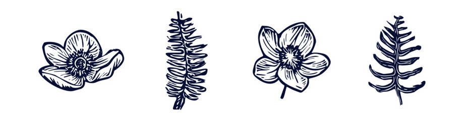 Wall Mural - Handmade blockprint flower fern vector motif clipart set in folkart scandi style. Simple monochrome linocut floral leaf shapes with naive rural lineart collection.