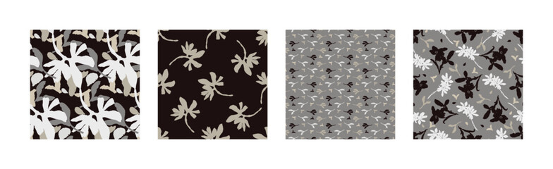 Wall Mural - Masculine vector floral pattern with organic botanical shapes. Modern bold black white flower print, design in neutral scandi style.