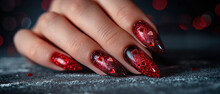 Woman's Nails With Beautiful Red Manicure With Valentine's Day Design. AI Generated