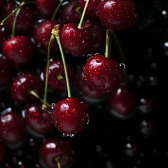 Wall Mural - a lot of red ripe cherries close up with water drops and dark background