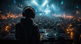 Fototapeta Przestrzenne - A solitary figure, lost in the pulsating rhythms of the rock concert, immerses themselves in the music with their headphones, as the crowd around them becomes a blur of energy and sound at the music 