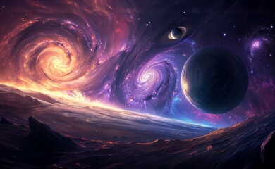 Wall Mural - Spacescape of swirling galaxies and planets and stars and auroras, 