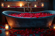 Romantic Rose Petal Bathtub in dark with Candlelight. AI generative