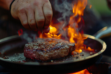 Wall Mural - close up of a male hand putting a steak on hot pan