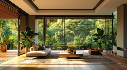 a modern living room sitting between two large glass doors