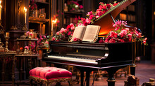 Piano Keys With A Red Rose On Top. Romantic Music, Love, And Artistic Composition Concept.