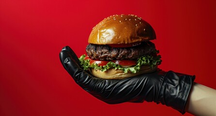 Wall Mural - grilled hamburger in a black disposable glove