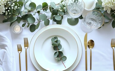 Sticker - a dining table with place setting and eucalyptus tree leaf