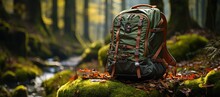 Amidst The Vibrant Autumn Leaves, A Solitary Backpack Rests Upon A Mossy Rock, Surrounded By Lush Green Plants And Forgotten Shoes, As If Guarding A Mysterious Statue Hidden In The Depths Of The Wood