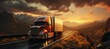 A rugged truck traverses a winding road, its tires gripping the mountainous terrain as the sky transforms from a vibrant sunset to a peaceful sunrise, a symbol of the endless journey of transport and