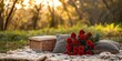 Outdoor Picnic with Blanket and Roses - A romantic outdoor setting unfolds with a cozy picnic setup. A comfortable blanket, soft pillows, and a bouquet of red roses create an inviting