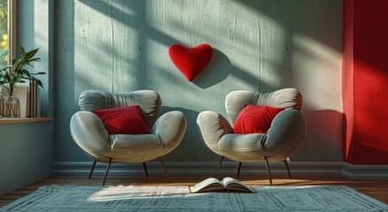 two chairs with an open book on them and a red heart pillow