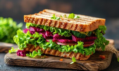 Wall Mural - a sandwich is put on a wooden board with beets, green vegetables, lettuce