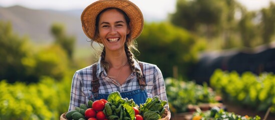 Canvas Print - Smiling female farmer holding fresh produce on farm.