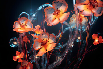 neon computer technogenic glowing orange flowers with wires and light bulbs