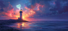 Heart-shaped Lighthouse Beacon - Illustrate A Coastal Scene With A Lighthouse Beaming A Heart-shaped Light Across The Water. The Symbolism Of Guidance And Love Adds Depth And Romance