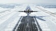 Snowy airport runway with a powerful jet blast as an airliner takes off. Engines roaring, surrounded by a serene winter scene with a thick layer of snow. Winter travel in the snowy aviation industry