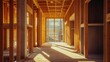 Hyper-realistic image of a construction site with sharp-focus. Light indigo and dark brown colors highlight architectural elements and materials
