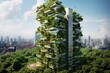 Modern skyscraper with green facade and elevated park, promoting urban green living and enhancing the environment. Generative AI