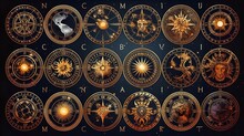 Zodiac Signs And Symbols In Vintage Style. A Collection Of Golden Zodiac Horoscopes