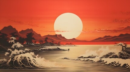 sun or moon horizon drawing, japanese style.