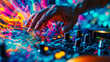 A close-up shot of a DJ's hands in action, manipulating a mixer and turntables, with colorful light trails capturing the dynamic movements, creating a visually detailed and immersi