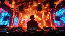 An Immersive Photograph Of A DJ In A Sophisticated Club Environment, Surrounded By A State-of-the-art Sound System And Dynamic LED Displays, Creating A Visually Elaborate And Moder