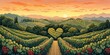 Heart-shaped Vineyard - Design an illustration of a vineyard with grapevines forming heart shapes, creating a romantic backdrop for wine lovers. The sunset hues and rolling hills add a touch