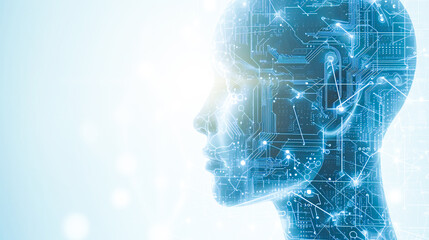 Wall Mural - a human head over intricate circuitry. artificial intelligence and human-computer integration concep