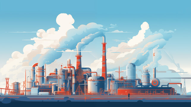 nuclear power generation plant factory concept, highly polluting factory with smoke tower and gas pi