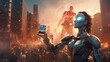 Imagine an AI bot doing a thumbs up in the camera while taking a selfie and behind the AI bot is an explosion of a city.