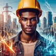 Portrait of young handsome african american man in safety helmet over cityscape background.