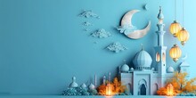 Ramadan Kareem Paper Cut Illustration Background. Islamic Lantern For Eid Mubarak Greeting Banner Cover Card. 3d Art Of A Mosque With A Moon And Stars