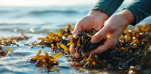 Human hands harvesting seaweed in the sea.