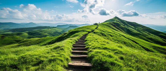 a stunning view of a nature hill mountain featuring grass stairs, showcasing the harmony of natural 