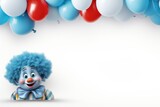banner with empty space for text on the right. 3d cute clown with blue hair character. air colored balloons background. on a white background