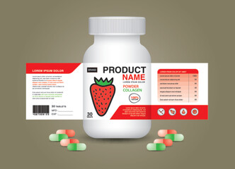 Sticker - Strawberry supplement bottle Packaging, Cosmetic package. product design. Beauty label, 3d supplement bottle vector, 3d white plastic Pills box, White medical container. healthcare bottle, vector