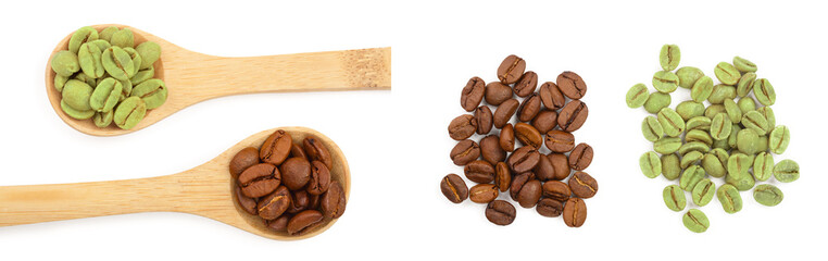 green and brown coffee beans in wooden spoon isolated on white background close up. Top view. Flat lay