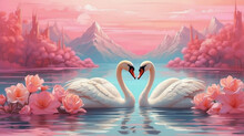 Couple Of Swan Creating A Heart Shape On Romantic Valentines Background. Valentine's Day Greeting Card, In Love