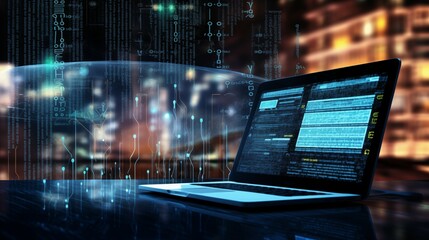 A wall of binary code and on a laptop screen.