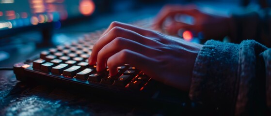 Close-Up of Hands Typing on Backlit Keyboard