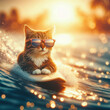 Cat wearing black sunglasses surfing the ocean. ai generative